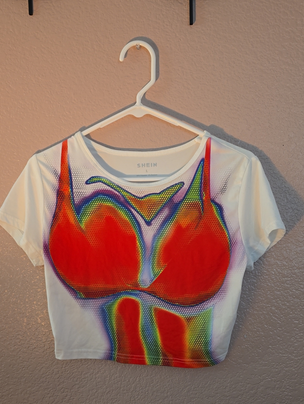 SHEIN White Crop Top with Red Multicolor Heat-Map Graphic